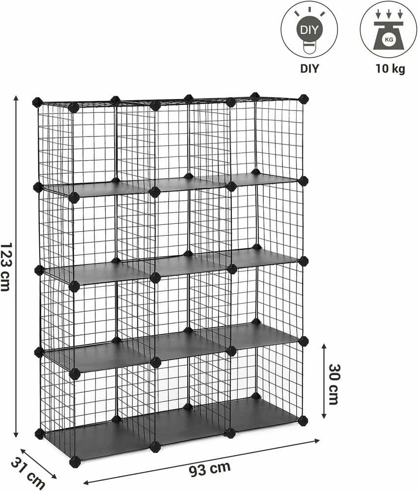 Songmics metalinė modulinė lentyna su 12 skyrių, juoda, 93 x 123 x 31 cm, LPI34H
