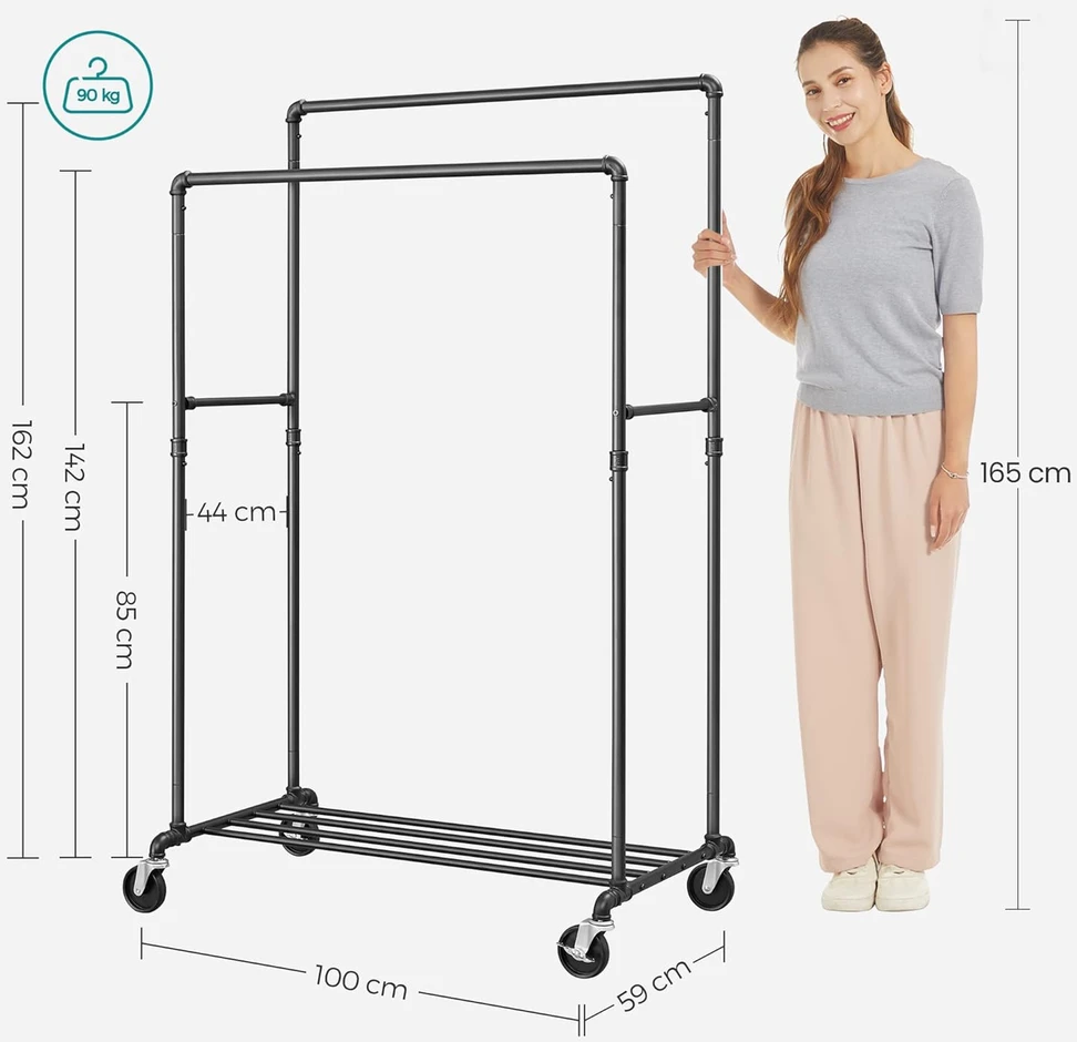 SONGMICS metalinis drabužių stovas ant ratukų, pramoninio dizaino, dvigubas, 110 kg, juodas HSR60B