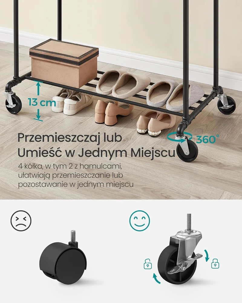 SONGMICS metalinis drabužių stovas ant ratukų, pramoninio dizaino, dvigubas, 110 kg, juodas HSR60B