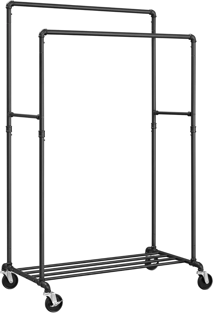 SONGMICS metalinis drabužių stovas ant ratukų, pramoninio dizaino, dvigubas, 110 kg, juodas HSR60B