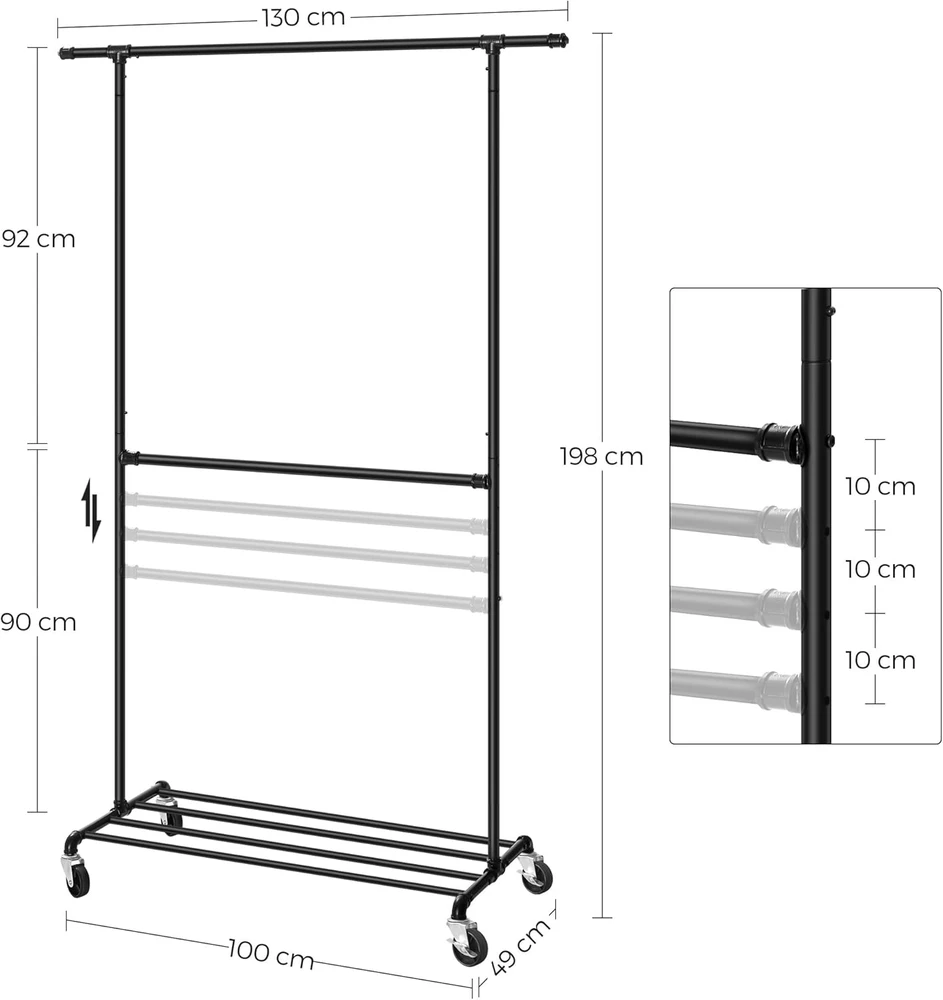 SONGMICS metalinis drabužių stovas su dviem reguliuojamais strypais, iki 110 kg, juodas, HSR62BK