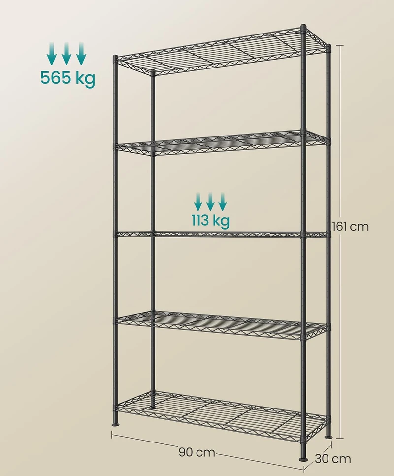SONGMICS metalinis sandėliavimo stelažas su 5 reguliuojamomis lentynomis, 30 x 90 x 161 cm, LGR195BH01