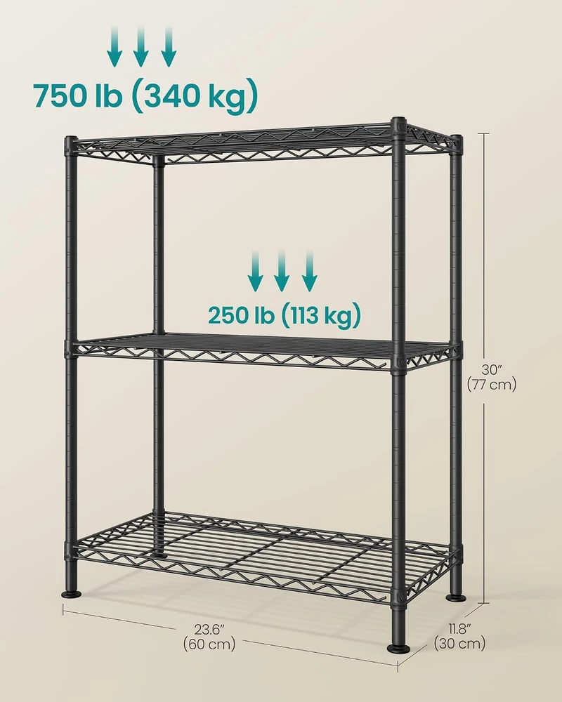 SONGMICS metalinis sandėliavimo stelažas su 3 reguliuojamomis lentynomis, 30 x 60 x 77 cm, LGR163BH01