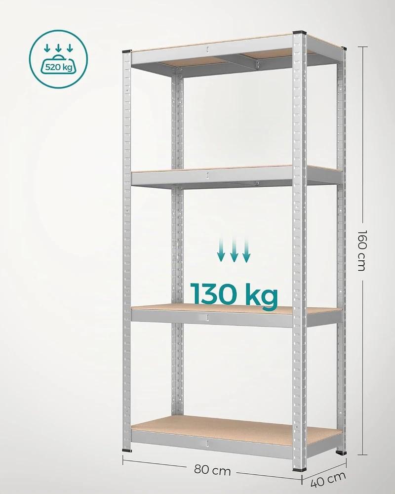 SONGMICS metalinis sandėliavimo stelažas su 4 reguliuojamomis lentynomis 40 x 80 x 160 cm GLR044E01