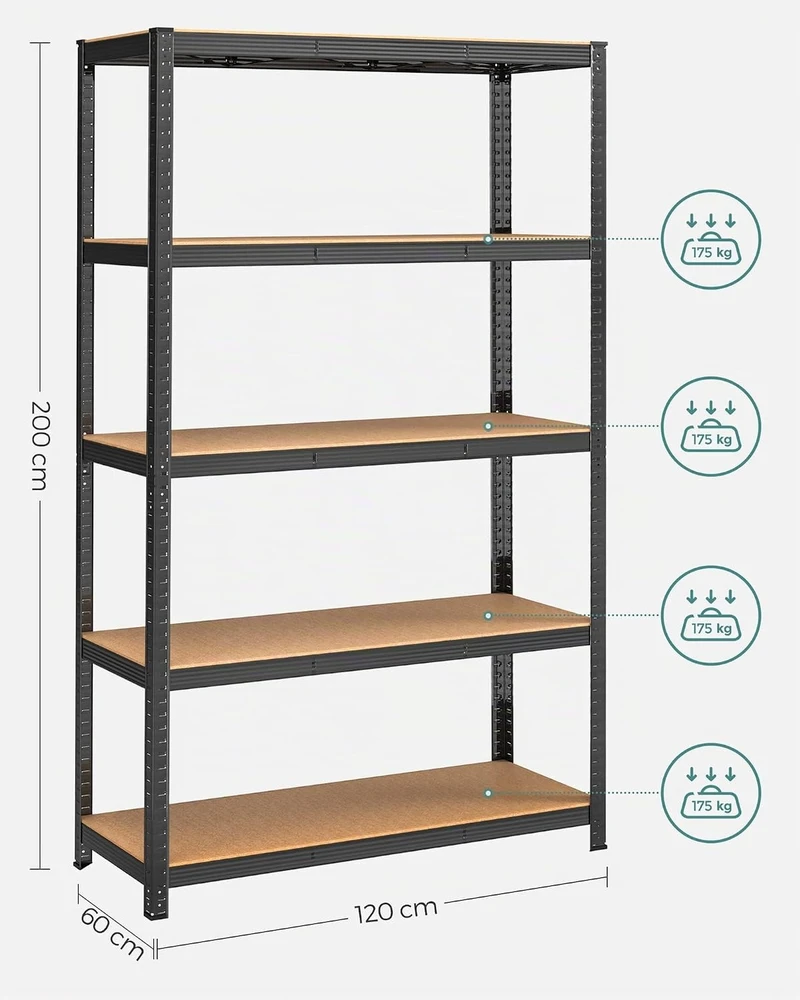 Songmics 2 rūsio lentynų 200 cm aukščio juodos spalvos rinkinys