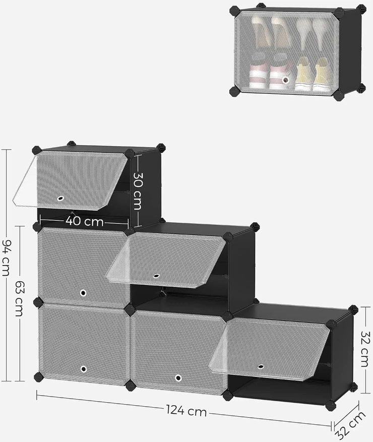 SONGMICS modulinė batų spintelė su 6 skyriais ir durimis 124 x 32 x 94 cm LPC033B01