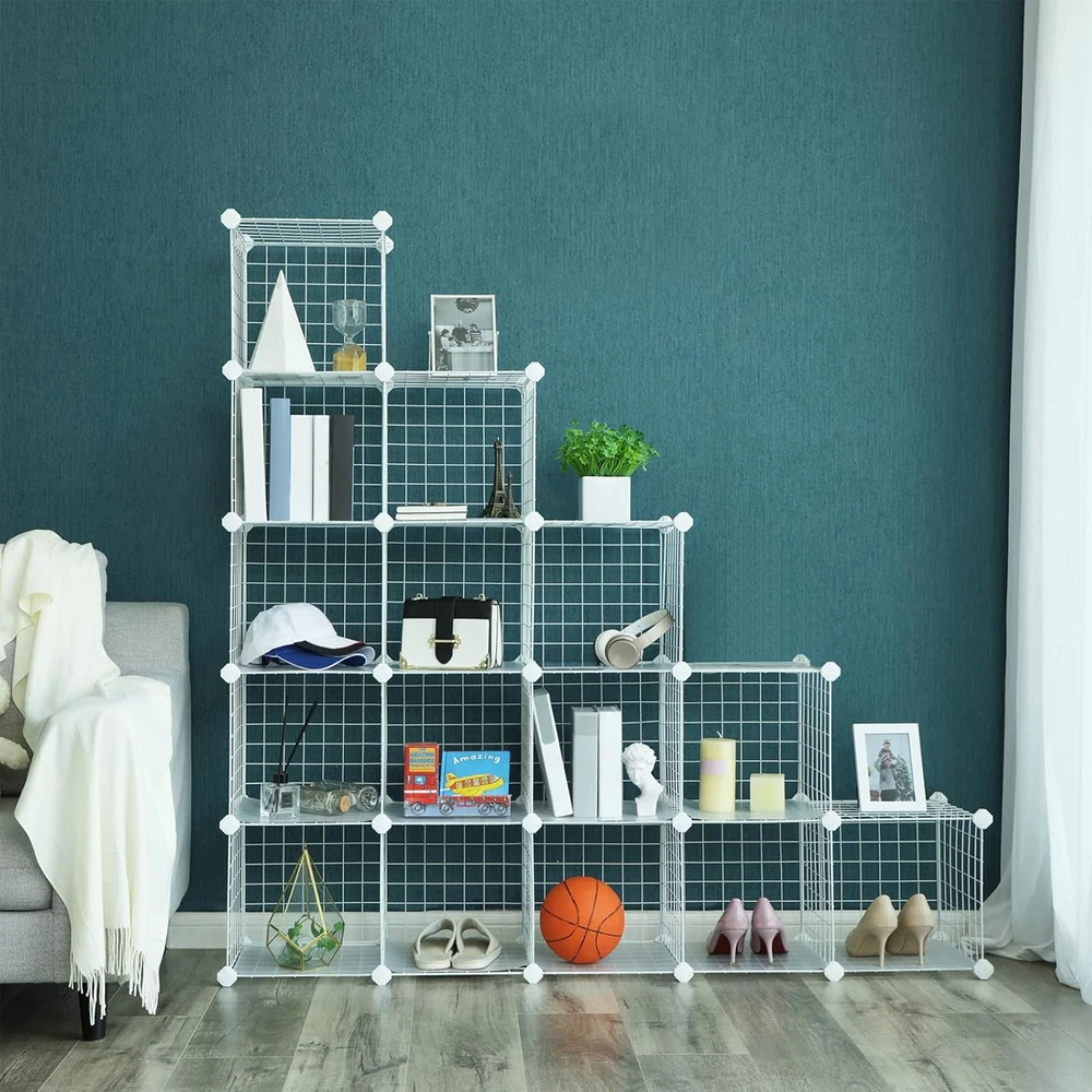 SONGMICS modulinė metalinė lentyna su 16 kubų, 153 x 153 cm, 777LPI44W