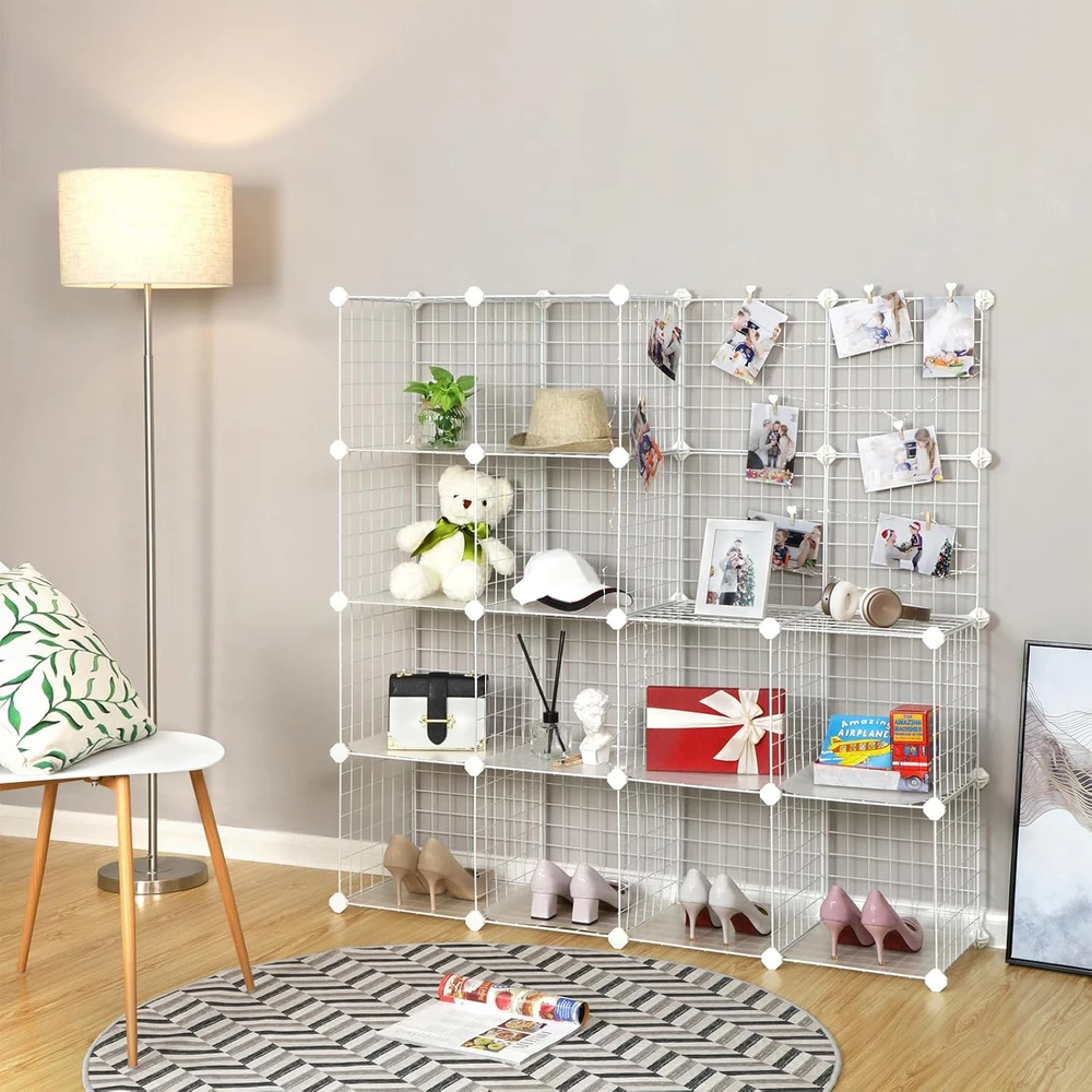 SONGMICS modulinė metalinė lentyna su 16 kubų, 153 x 153 cm, 777LPI44W