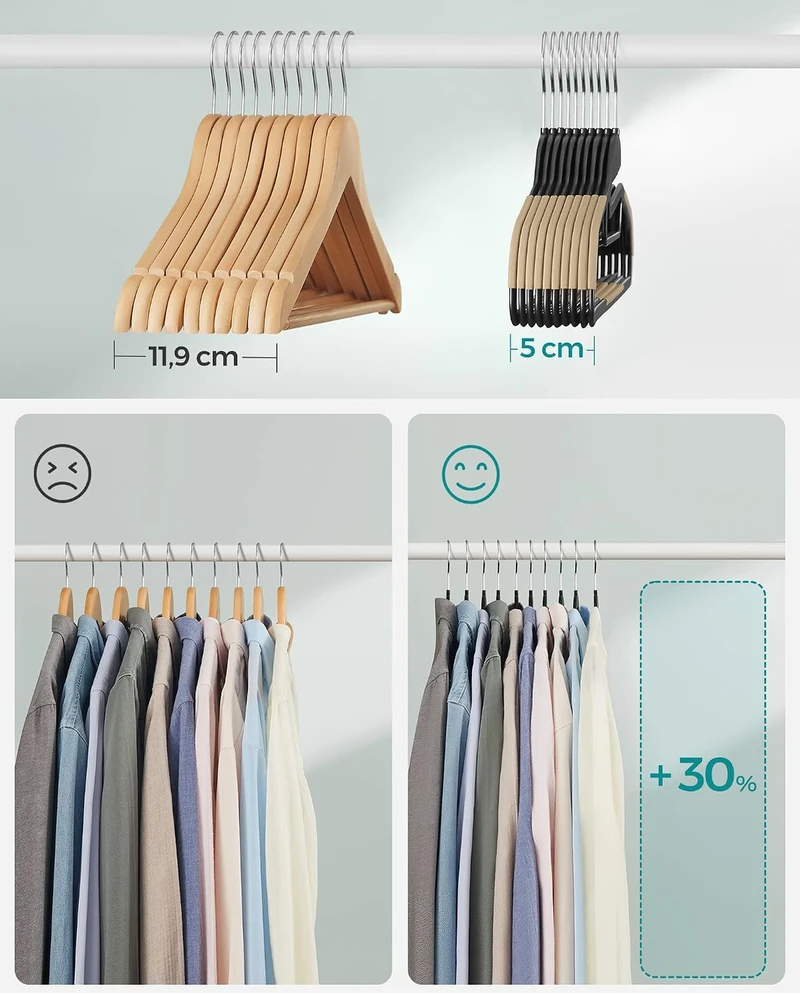 SONGMICS neslystančios drabužių pakabos, 20 vnt., 41,5 cm, su 360° pasukamais kabliais