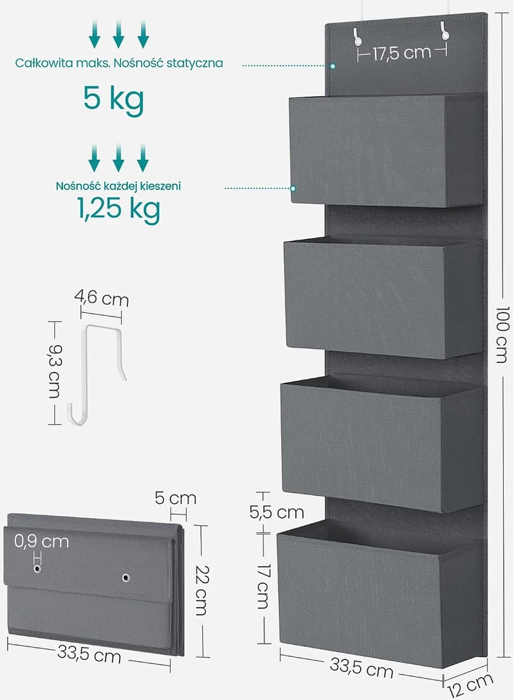 SONGMICS pakabinamas durų organizatorius su 4 kišenėmis, 33,5 x 12 x 100 cm, RDH04G