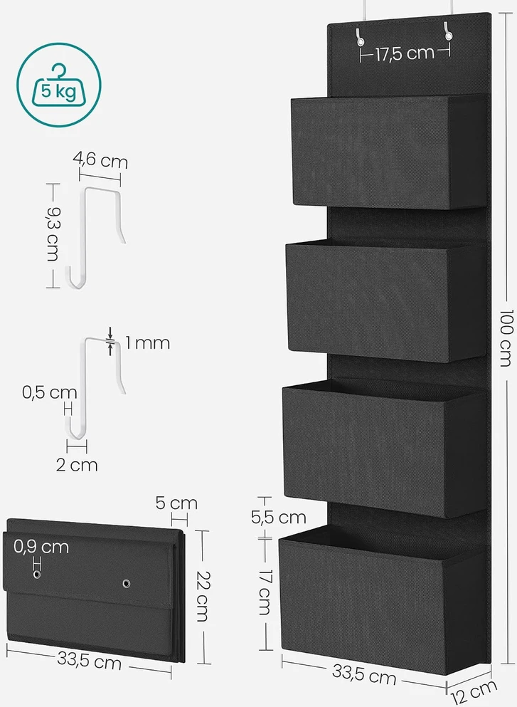 SONGMICS pakabinamas durų organizatorius su 4 kišenėmis, 33,5 x 12 x 100 cm RDH004B01
