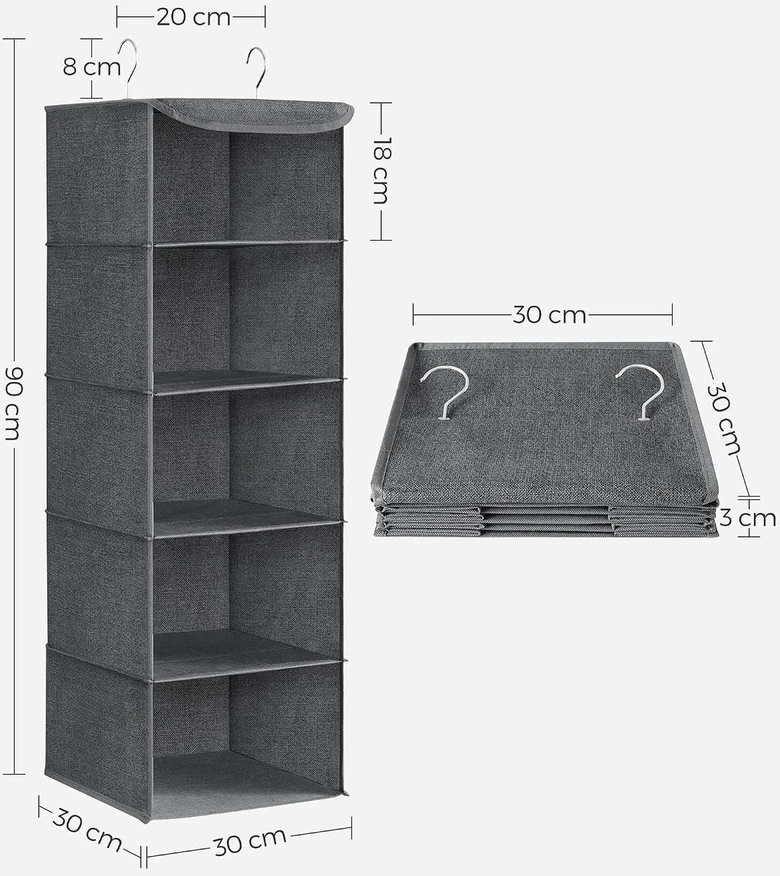 SONGMICS pakabinamas spintos organizatorius su 5 skyreliais, 30 x 30 x 90 cm, RYCH06G