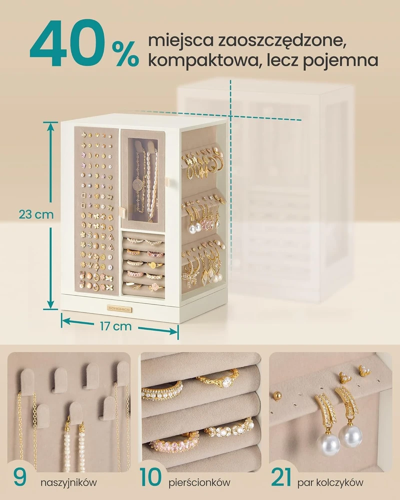 SONGMICS papuošalų dėžutė, 360° pasukama, 4 stalčiai, kremiškai balta, JBC211WD01 modelis