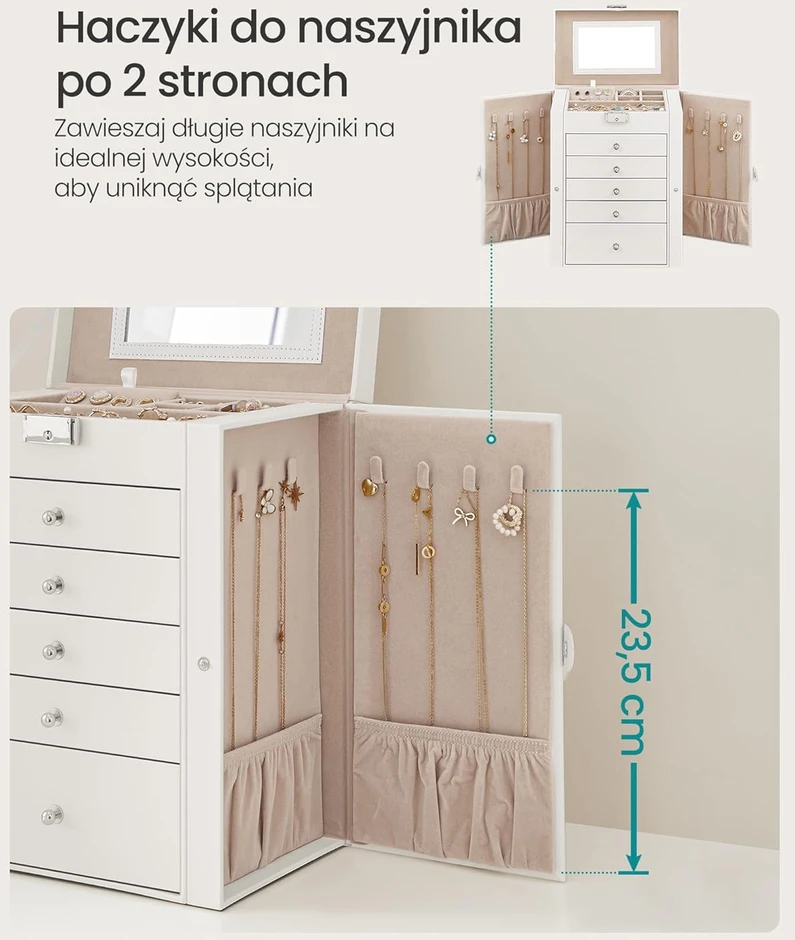SONGMICS papuošalų dėžutė, 6 aukštų, su šoninėmis durelėmis, stalčiais, veidrodžiu ir užraktu, balta JBC152W01