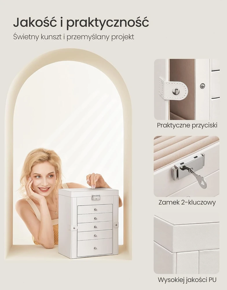 SONGMICS papuošalų dėžutė, 6 aukštų, su šoninėmis durelėmis, stalčiais, veidrodžiu ir užraktu, balta JBC152W01