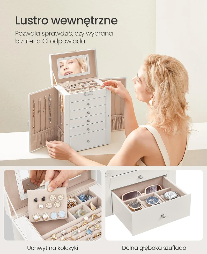 SONGMICS papuošalų dėžutė, 6 aukštų, su šoninėmis durelėmis, stalčiais, veidrodžiu ir užraktu, balta JBC152W01