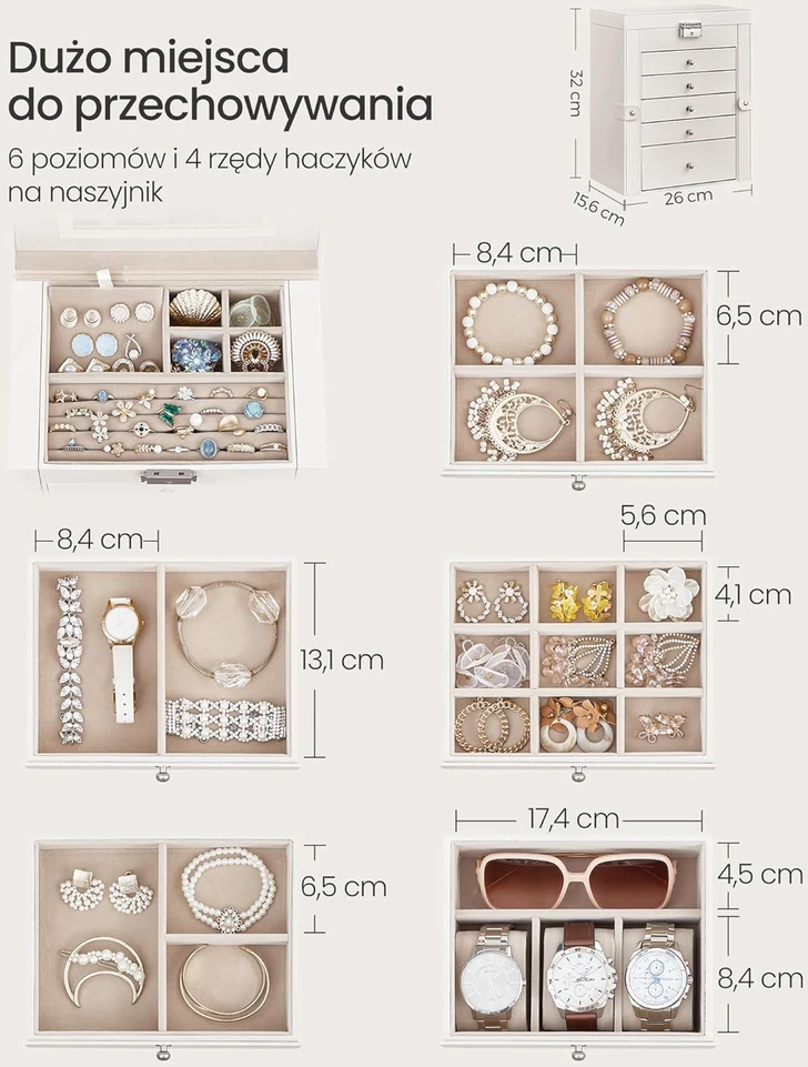 SONGMICS papuošalų dėžutė, 6 aukštų, su šoninėmis durelėmis, stalčiais, veidrodžiu ir užraktu, balta JBC152W01