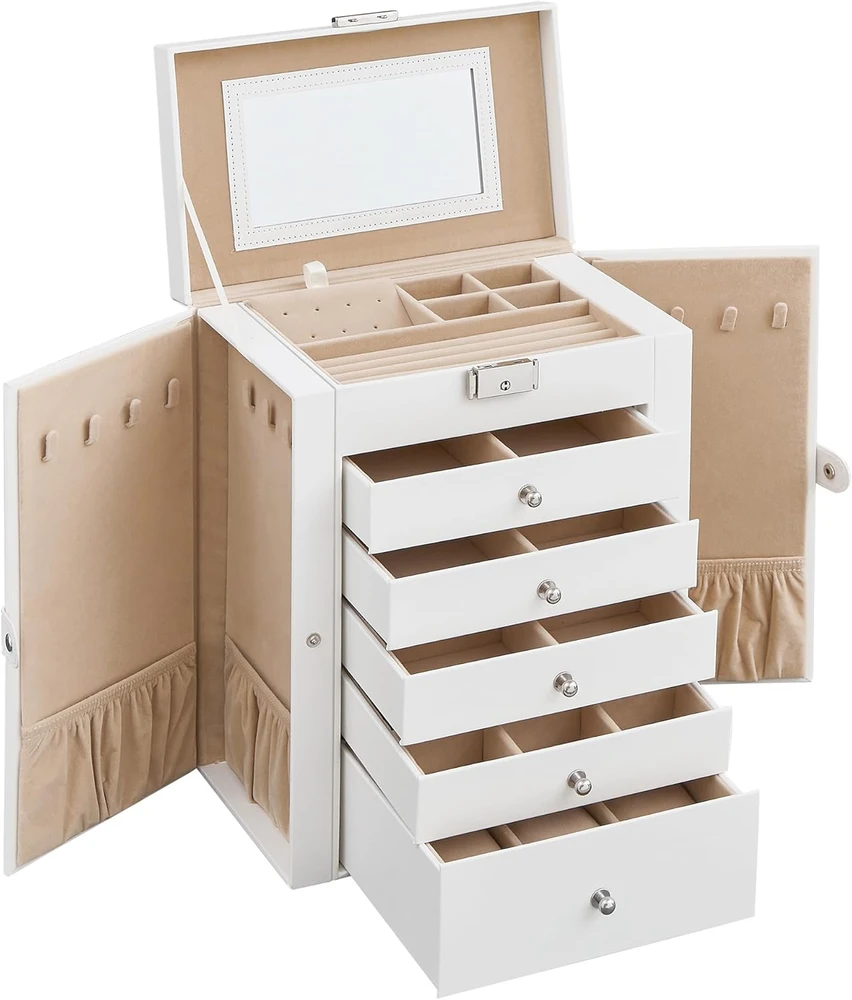 SONGMICS papuošalų dėžutė, 6 aukštų, su šoninėmis durelėmis, stalčiais, veidrodžiu ir užraktu, balta JBC152W01