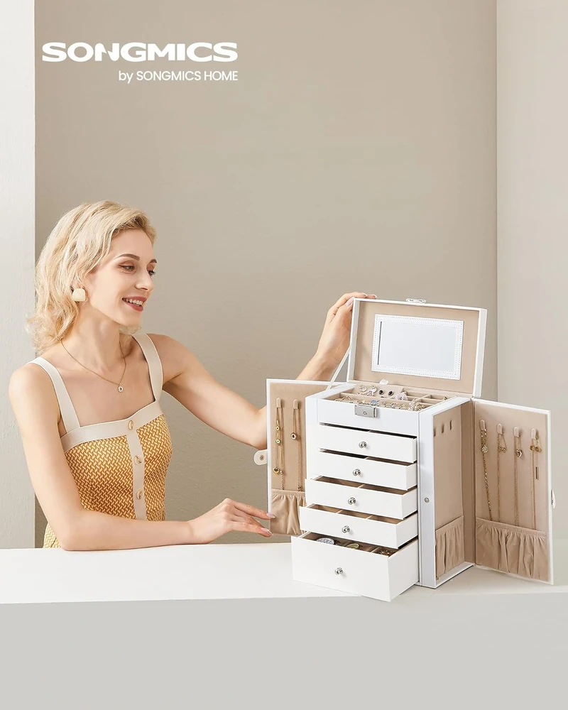 SONGMICS papuošalų dėžutė, 6 aukštų, su šoninėmis durelėmis, stalčiais, veidrodžiu ir užraktu, balta JBC152W01