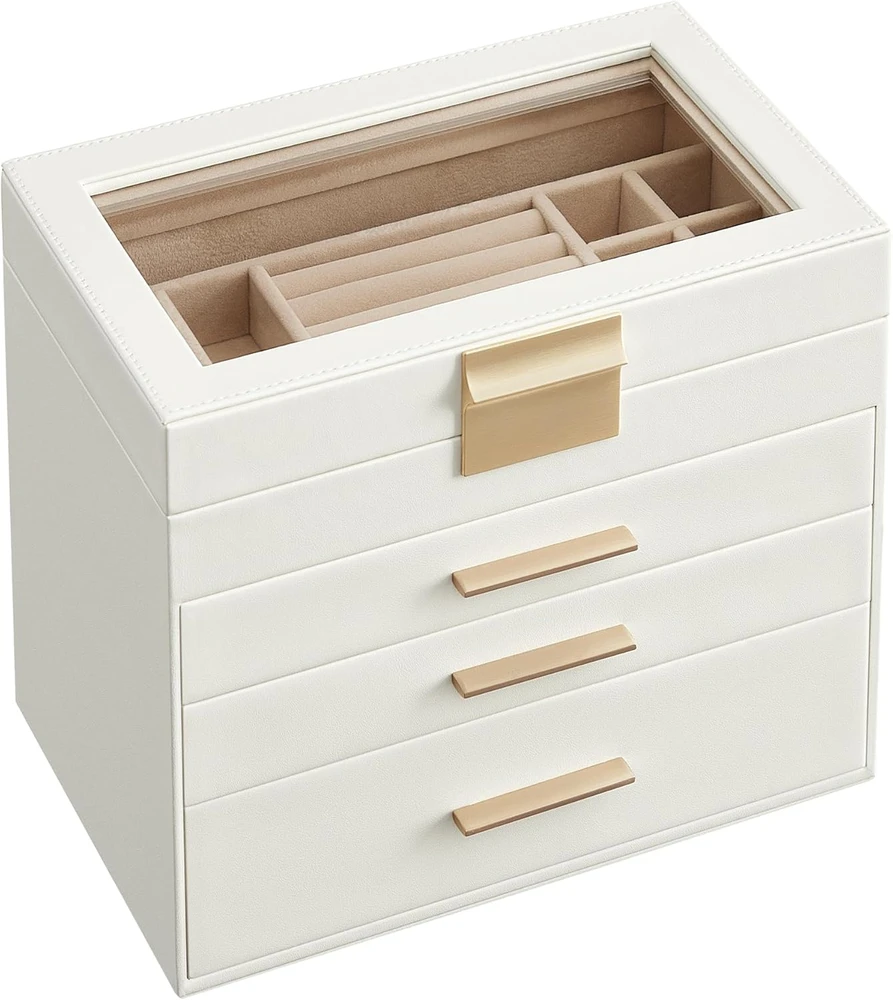 SONGMICS papuošalų dėžutė su 4 lygiais, stiklinis dangtis, 3 stalčiai, matinė balta JBC161W01