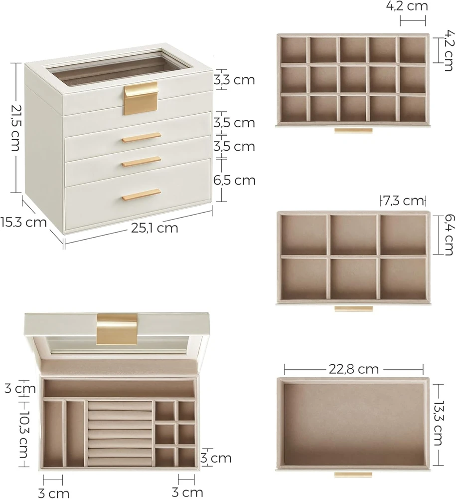 SONGMICS papuošalų dėžutė su 4 lygiais, stiklinis dangtis, 3 stalčiai, matinė balta JBC161W01