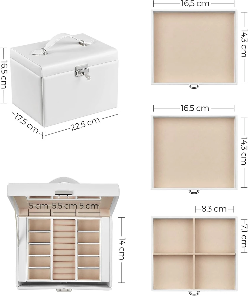 SONGMICS papuošalų dėžutė su 4 lygiais, 3 stalčiais ir stikliniu dangčiu JBC159W01