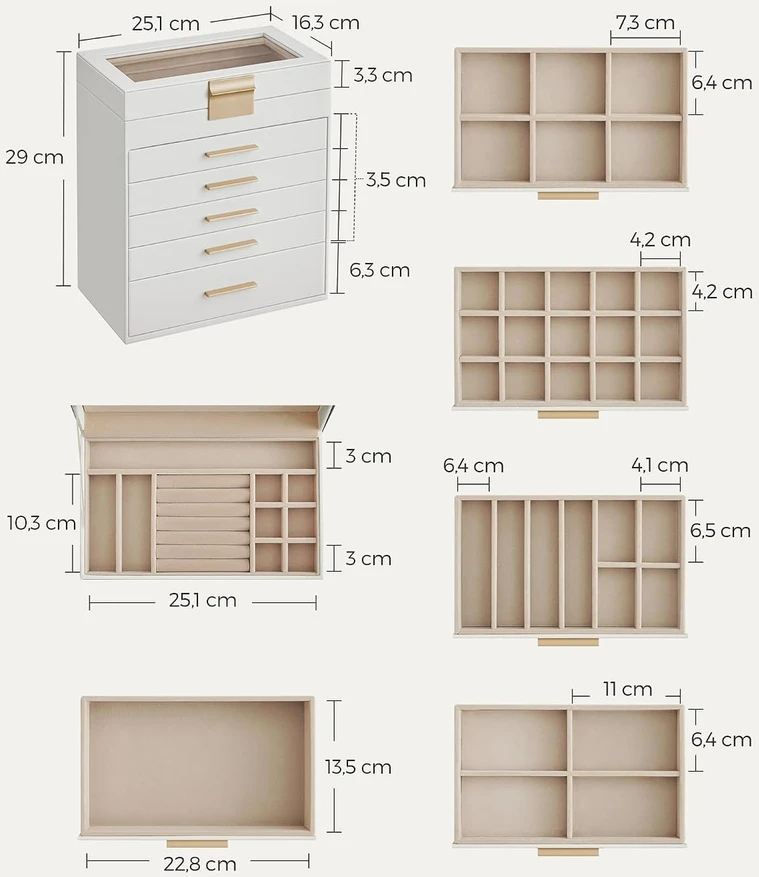 Songmics Juvelyrinių dirbinių dėžutė 6 lygių su stikliniu dangteliu Debesų balta-auksinė