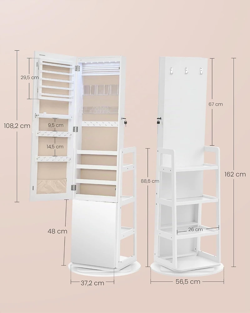 SONGMICS papuošalų spintelė su viso ūgio veidrodžiu, LED apšvietimu ir 360° pasukimu JJC027WH01
