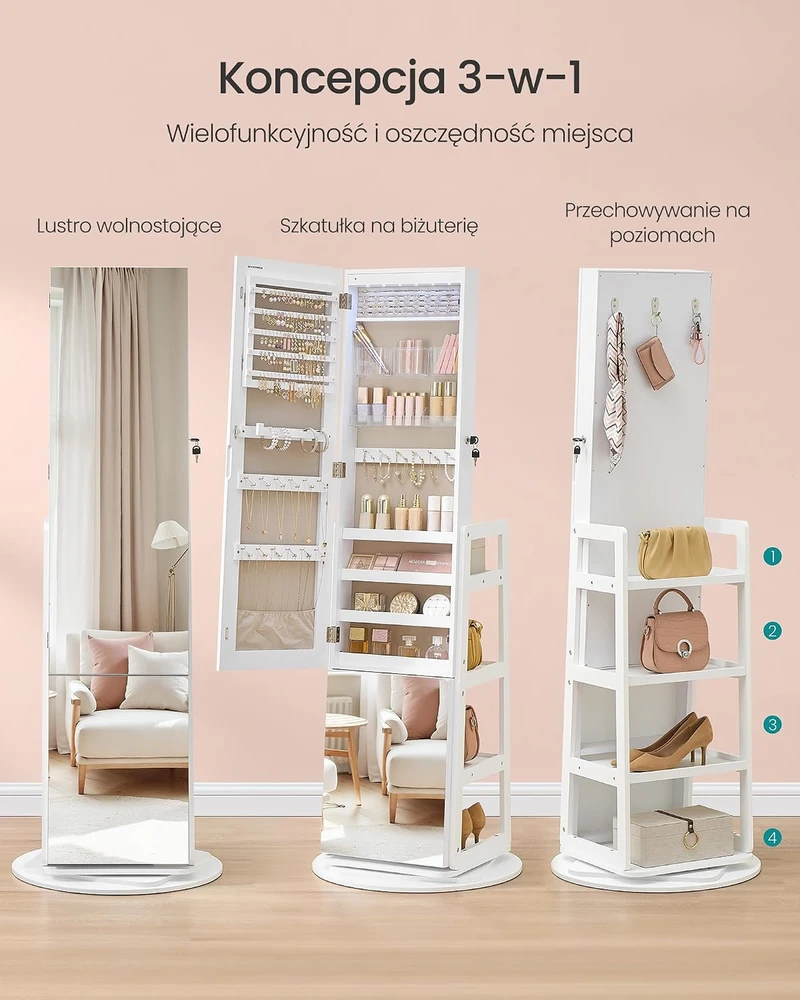 SONGMICS papuošalų spintelė su viso ūgio veidrodžiu, LED apšvietimu ir 360° pasukimu JJC027WH01