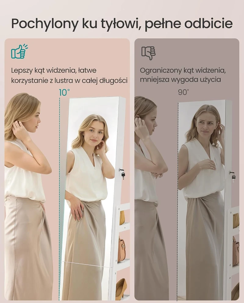 SONGMICS papuošalų spintelė su viso ūgio veidrodžiu, LED apšvietimu ir 360° pasukimu JJC027WH01