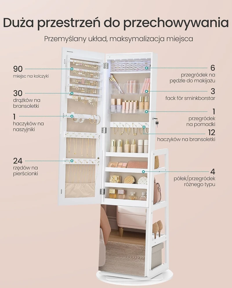 SONGMICS papuošalų spintelė su viso ūgio veidrodžiu, LED apšvietimu ir 360° pasukimu JJC027WH01