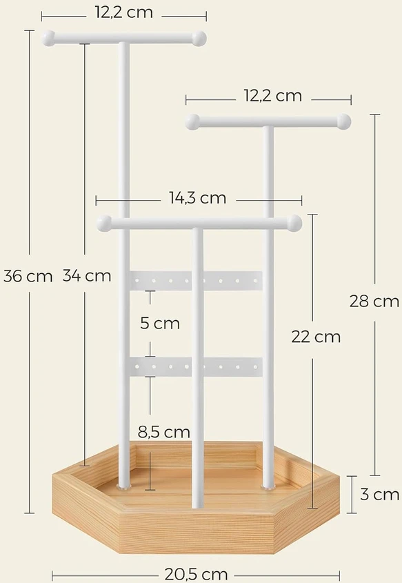 SONGMICS papuošalų stovas iš metalo ir medžio, 18 x 20.5 x 36 cm, baltas JJS03NW