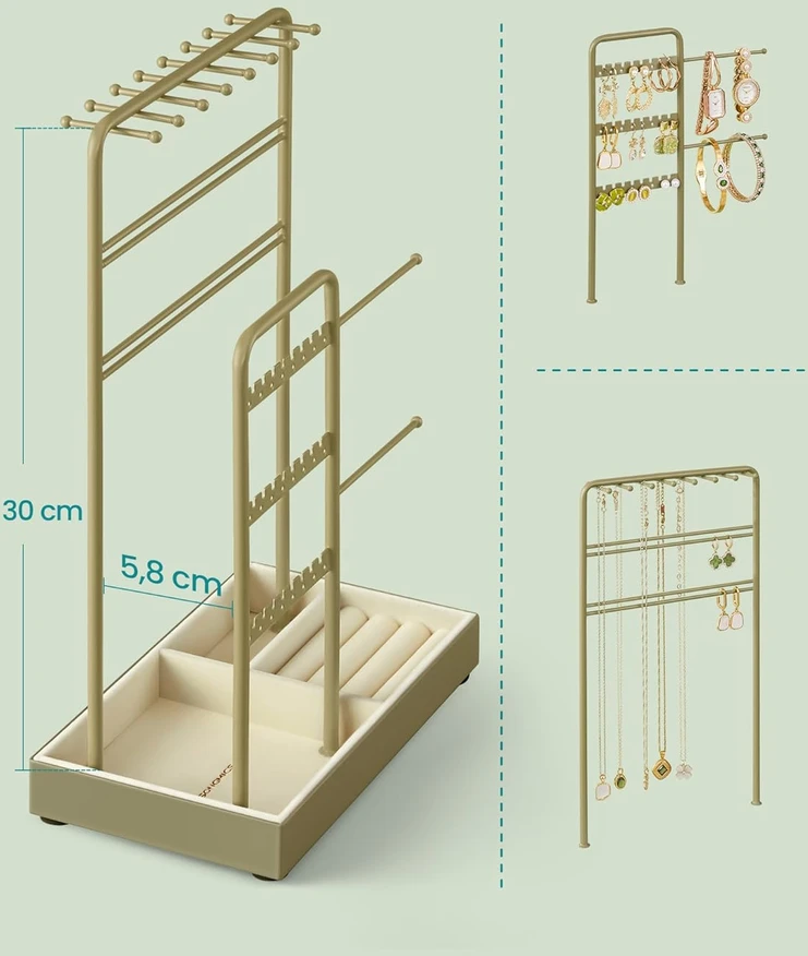 SONGMICS papuošalų stovas su dviem metalinėmis rėmeliais, aksomine taca, 30 cm aukščio