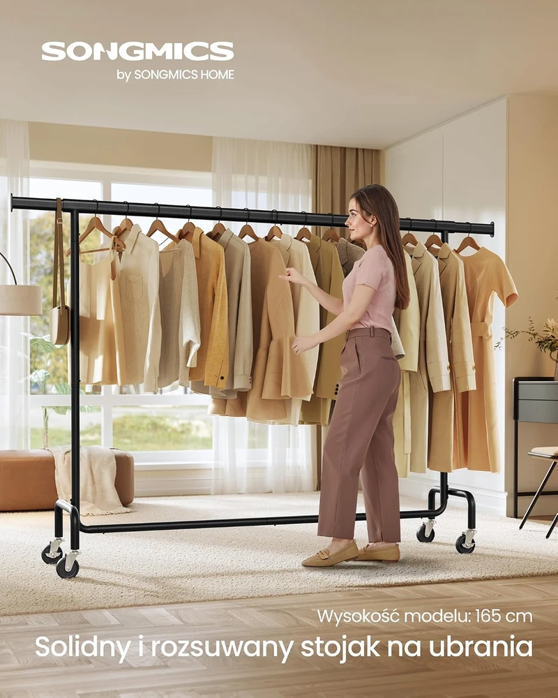 SONGMICS pastatoma drabužių kabykla su ratukais, reguliuojamas 160–200 cm strypas, 110 kg