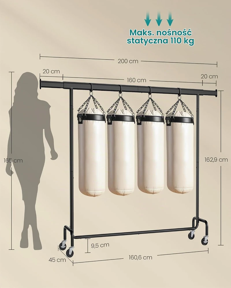 SONGMICS pastatoma drabužių kabykla su ratukais, reguliuojamas 160–200 cm strypas, 110 kg