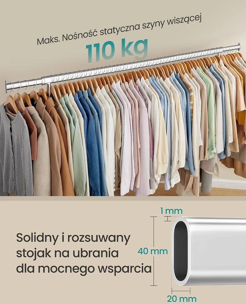 SONGMICS pastatoma drabužių kabykla su ratukais, reguliuojamu 160–200 cm skersiniu, iki 110 kg