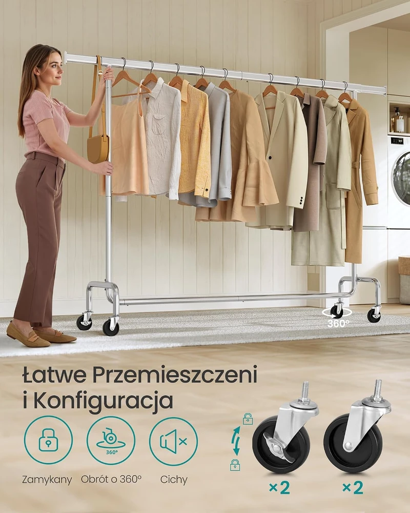 SONGMICS pastatoma drabužių kabykla su ratukais, reguliuojamu 160–200 cm skersiniu, iki 110 kg