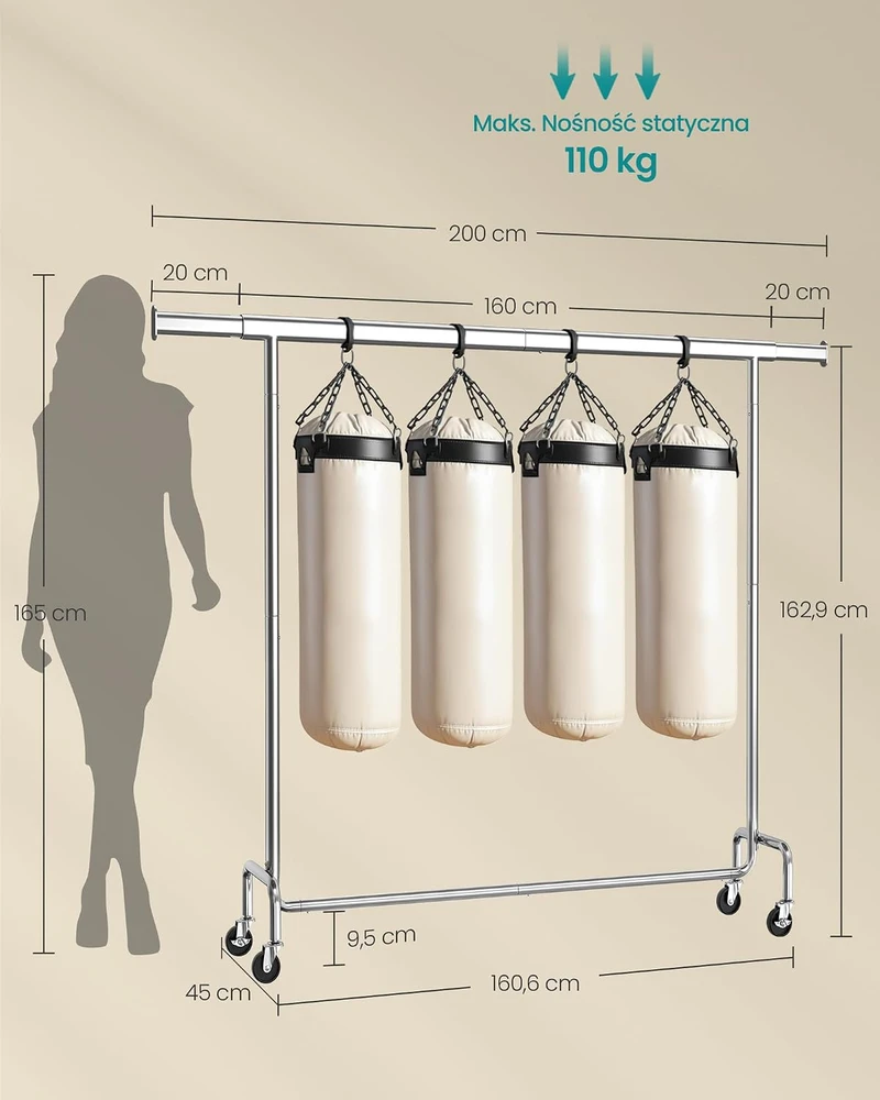 SONGMICS pastatoma drabužių kabykla su ratukais, reguliuojamu 160–200 cm skersiniu, iki 110 kg