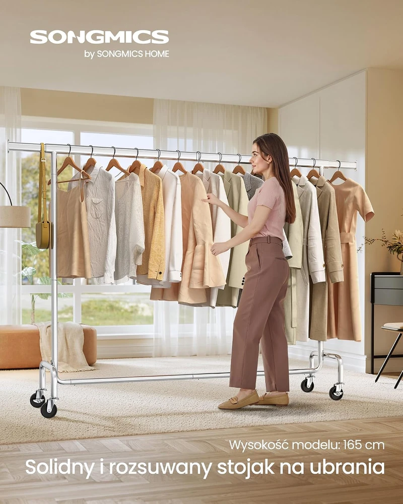 SONGMICS pastatoma drabužių kabykla su ratukais, reguliuojamu 160–200 cm skersiniu, iki 110 kg