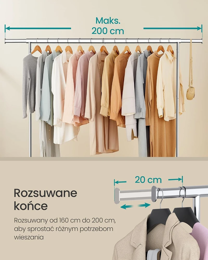 SONGMICS pastatoma drabužių kabykla su ratukais, reguliuojamu 160–200 cm skersiniu, iki 110 kg