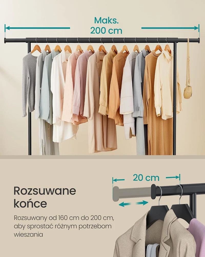 SONGMICS pastatoma drabužių kabykla su ratukais, reguliuojamas 160–200 cm strypas, 110 kg