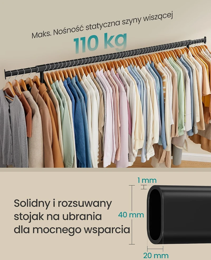 SONGMICS pastatoma drabužių kabykla su ratukais, reguliuojamas 160–200 cm strypas, 110 kg