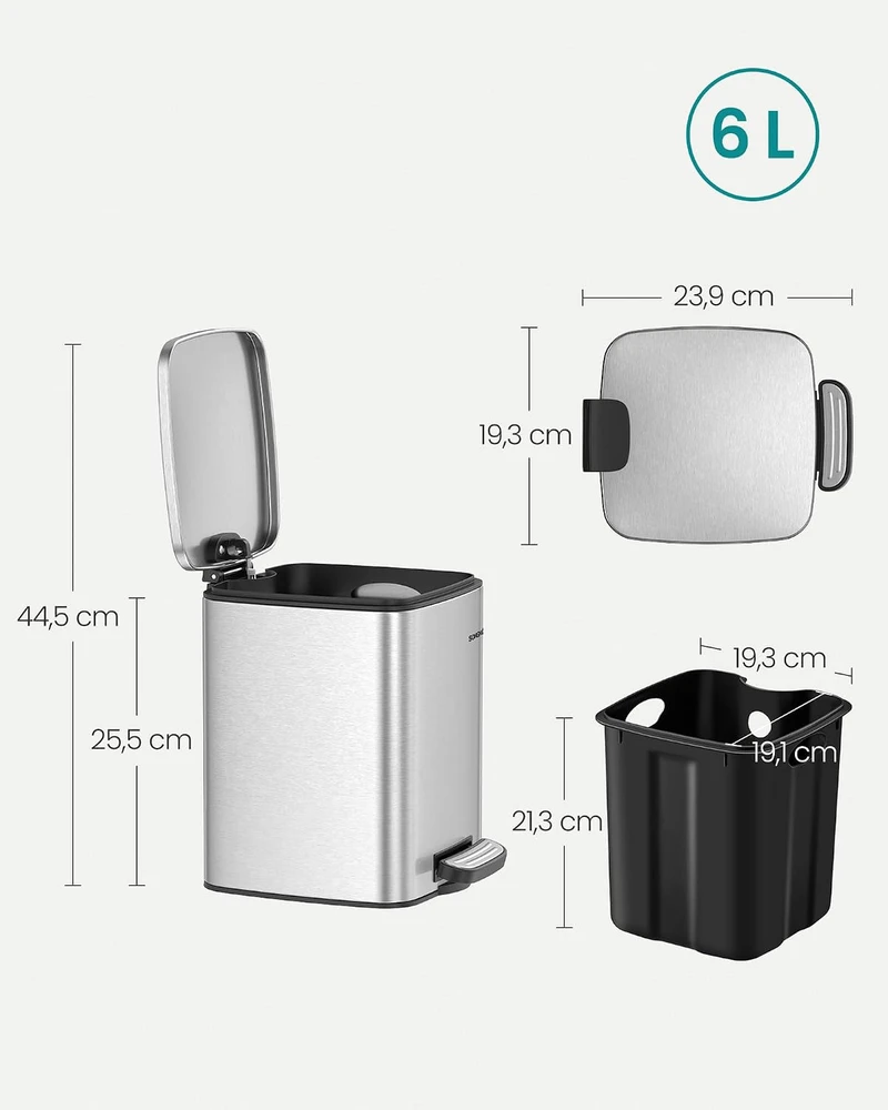 SONGMICS pedalinė vonios kambario šiukšliadėžė su dangčiu, 6 l, sidabrinė