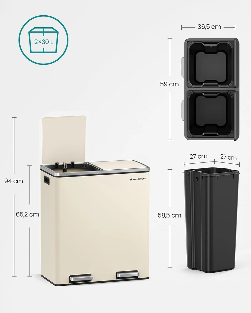 SONGMICS pedalinis atliekų rūšiavimo kibiras su 2 skyriais po 30 l
