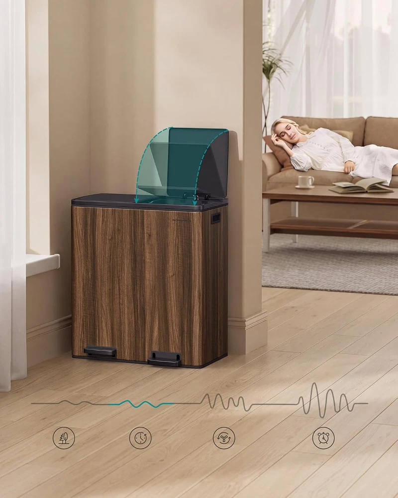 SONGMICS pedalinis atliekų rūšiavimo konteineris 2 x 30 L, tamsaus riešuto spalvos