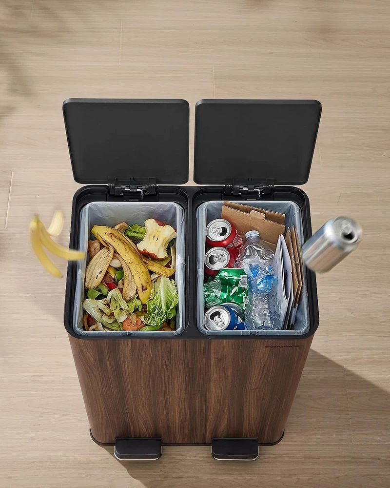SONGMICS pedalinis atliekų rūšiavimo konteineris 2 x 30 L, tamsaus riešuto spalvos