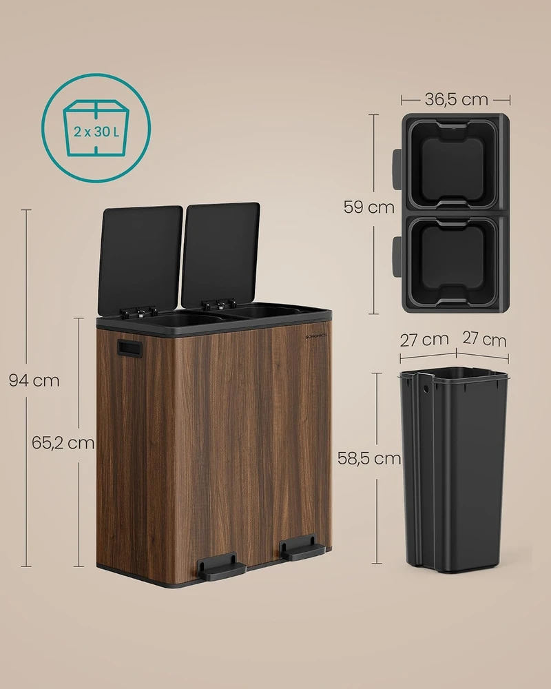 SONGMICS pedalinis atliekų rūšiavimo konteineris 2 x 30 L, tamsaus riešuto spalvos