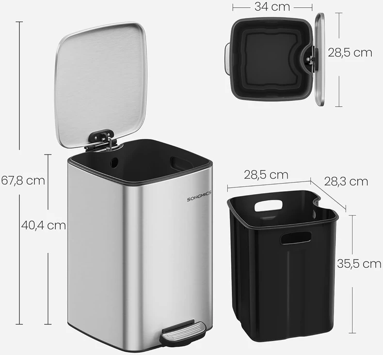 Songmics 20 litrų plieninė šiukšlių dėžė metallic sidabrinis