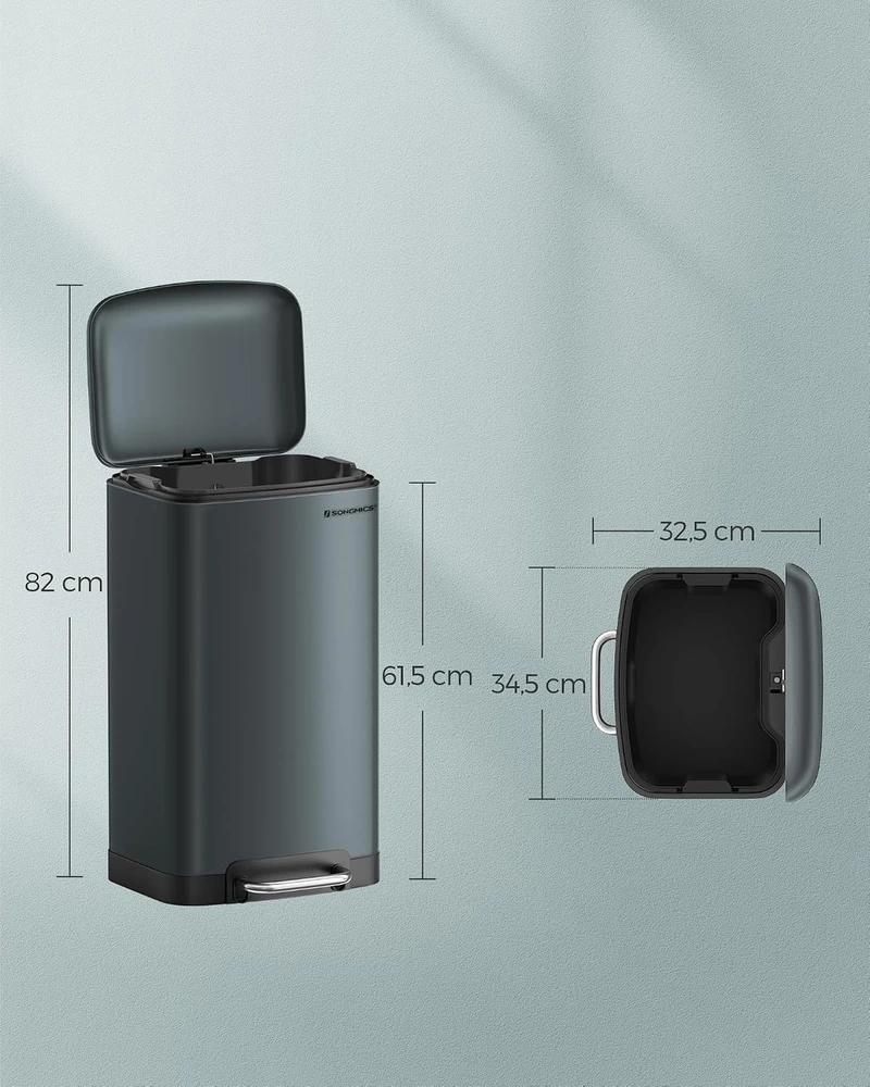 Songmics 30 litrų talpos šiukšlių dėžė dūmų pilkos spalvos