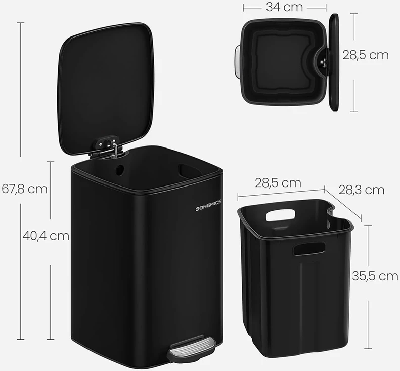 Songmics 20 litrų talpos plieninė šiukšlių dėžė rašalas juoda